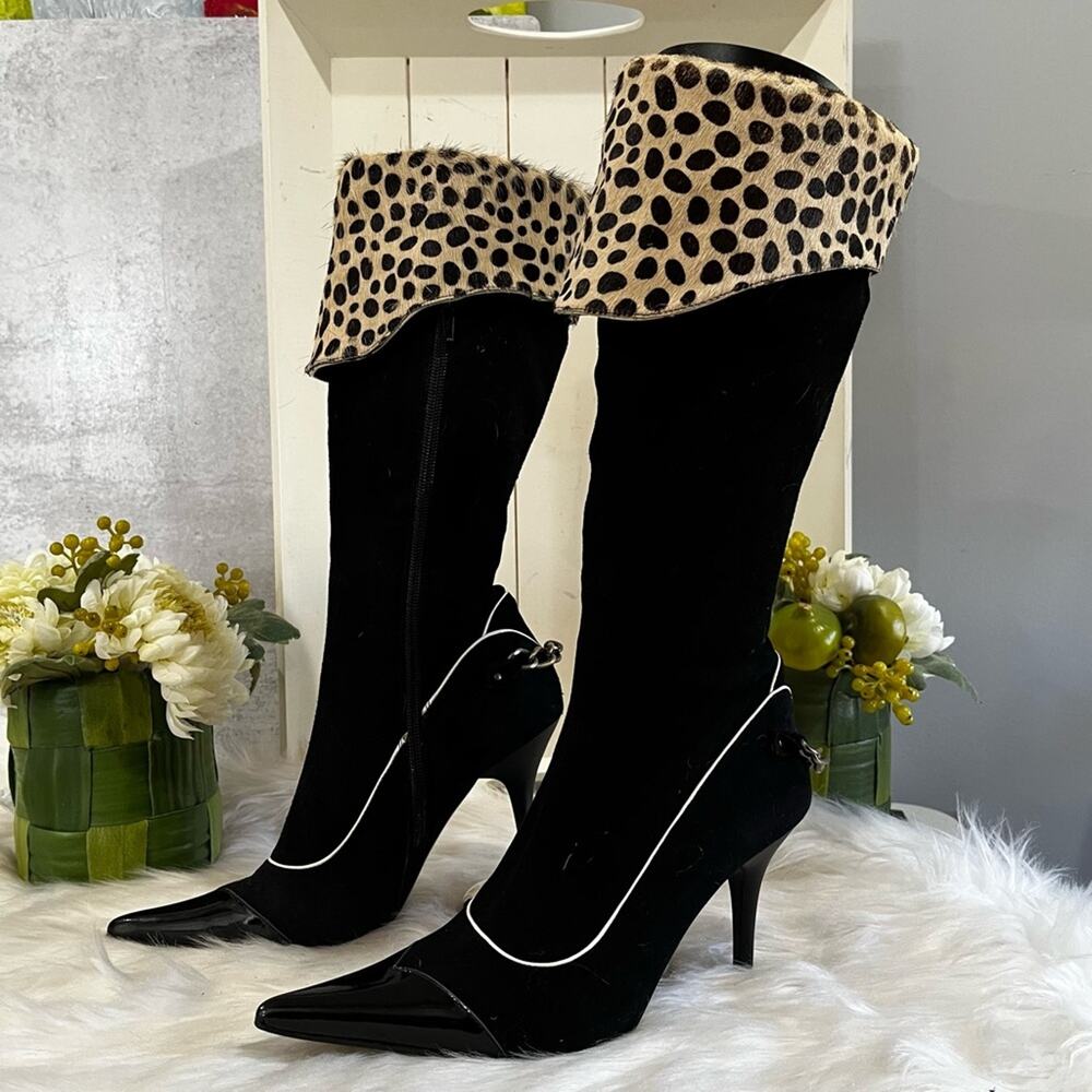 NEW NYLA Suede Leather Leopard Hair Calf High Heel Two Tone Knee Boots Black 6